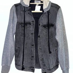 Hooded Denim Jean Jacket with Sweater Sleeves and Hood